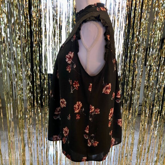 Dark Green High Neck Lace Yoke Sleeveless Blouse Ruffled Cap Sleeves Size Large - Picture 4 of 12